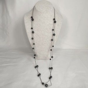 💎RMN Opera Station Double Strand Necklace Black Beads Silver Tone Chain Links